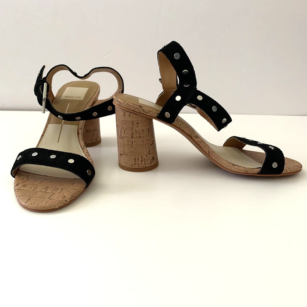 New Dolce Vita Jalina Studded Black Suede Leather Sandals Round Cork Heel 6 - Picture 2 of 12